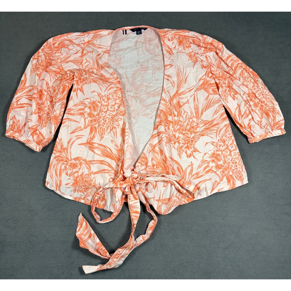 Tommy Hilfiger Tie Front Top Womens XXS Orange Floral Tropical Cotton Blouse